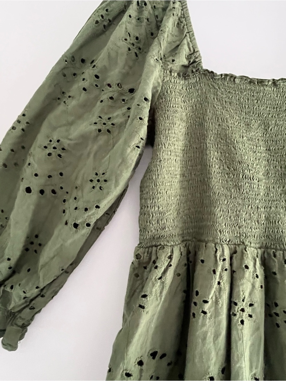 Rebellion Again Green Smocked Eyelet Lace Puff Sleeve Dress - Picture 5 of 10
